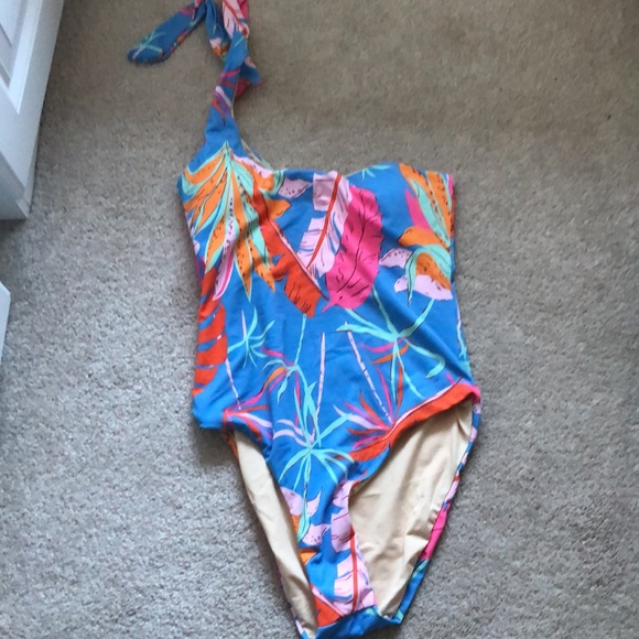 NEW Pink Lily Coral Reef Blue One Shoulder Swimsuit - Picture 2 of 6